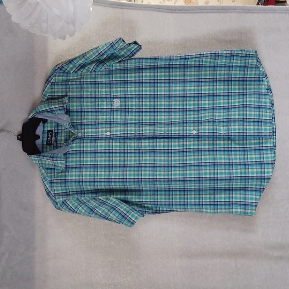 Chaps Men's Blue Green Plaid Custom Fit Short Sleeve Button Up Shirt Size L/G.